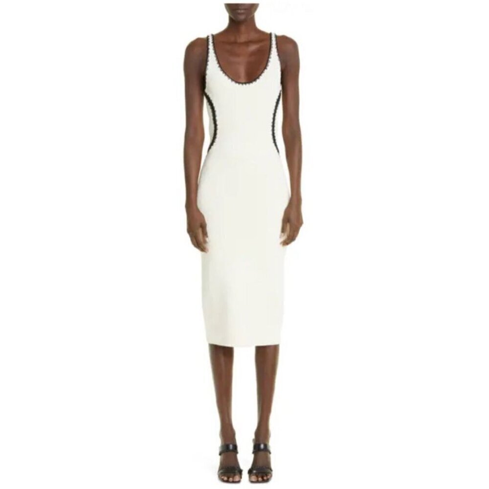 New St. John Collection Cream Black Crochet Tank Bodycon Dress Size Small